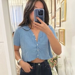 Blue Brandy Melville Button Up Cropped Short Sleeve Shirt